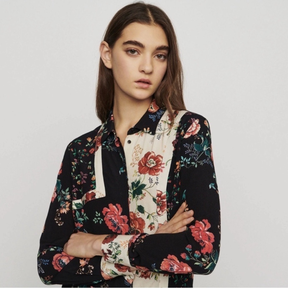MAJE Ciller Floral Patchwork Button Down Shirt Top Blouse